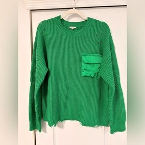 Jodifl Green Distressed Knit Sweater with Satin Pocket